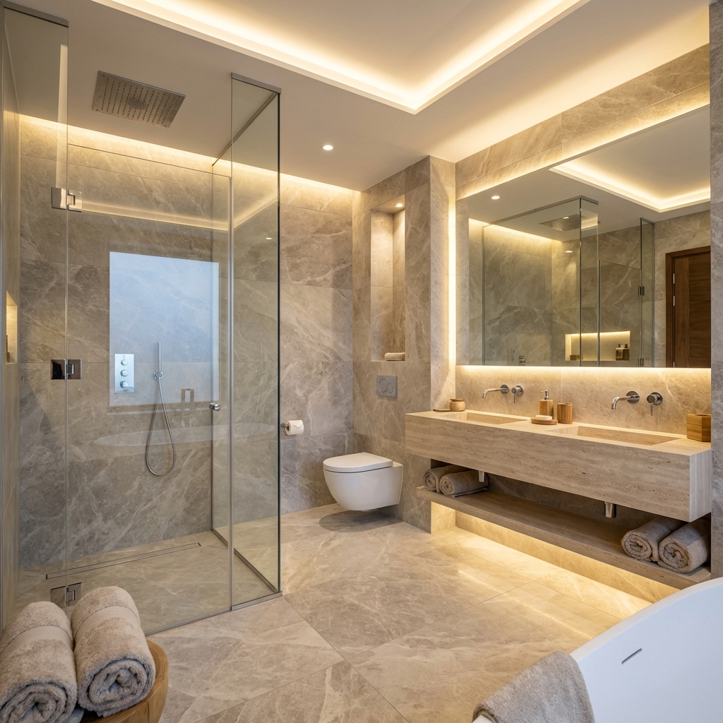 Reforma de baño tipo spa en Majadahonda - 8m² con ducha lluvia, doble lavabo y acabados premium